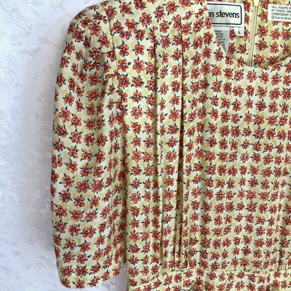 Karin Stevens Vintage 100% Rayon Floral Midi Dress Cottagecore Cream&Orange Sz 6 - Picture 2 of 15